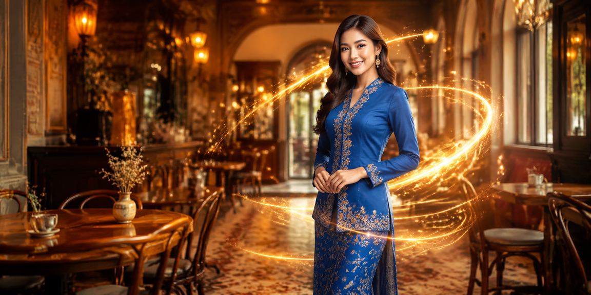 Pengguna wanita Ipoh dalam pakaian baju kurung menggunakan aplikasi and2ble di telefon